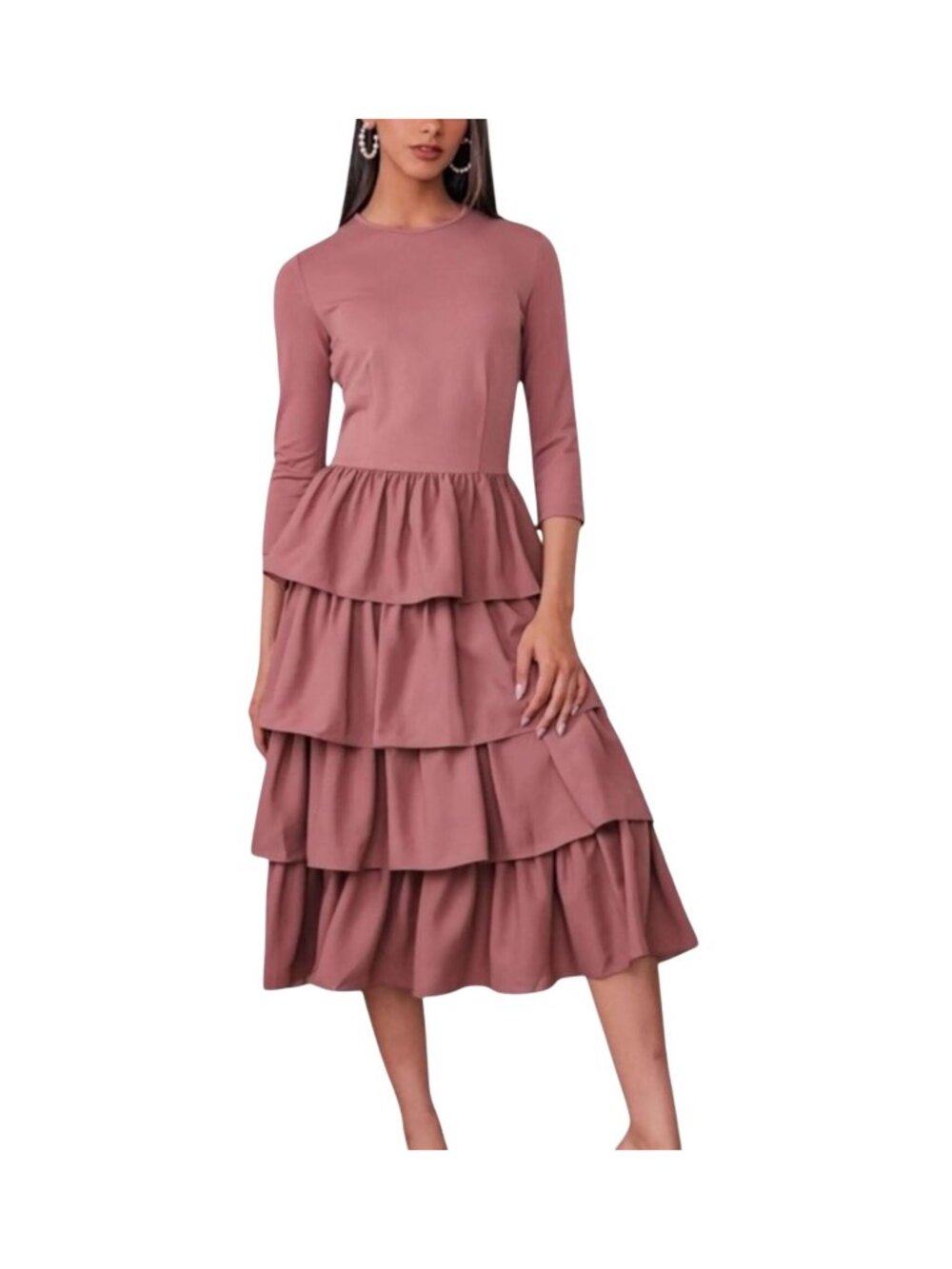 Jessakae Eiffel Dress Rosewood Deep dusty Pink 3/4 Sleeve Ruffle Dress Small